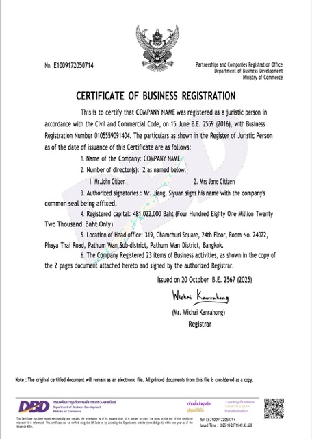 Thailand certificate of business registration Word and PDF template